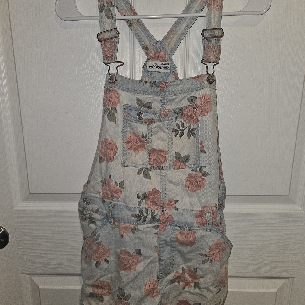 Jordache Girls Light Blue Denim Overalls with Pink Floral Design
